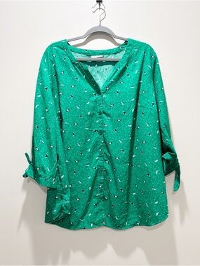 Catherines Green V-Neck Button Front Blouse Umbrella Novelty Print Cuff Tie 0X